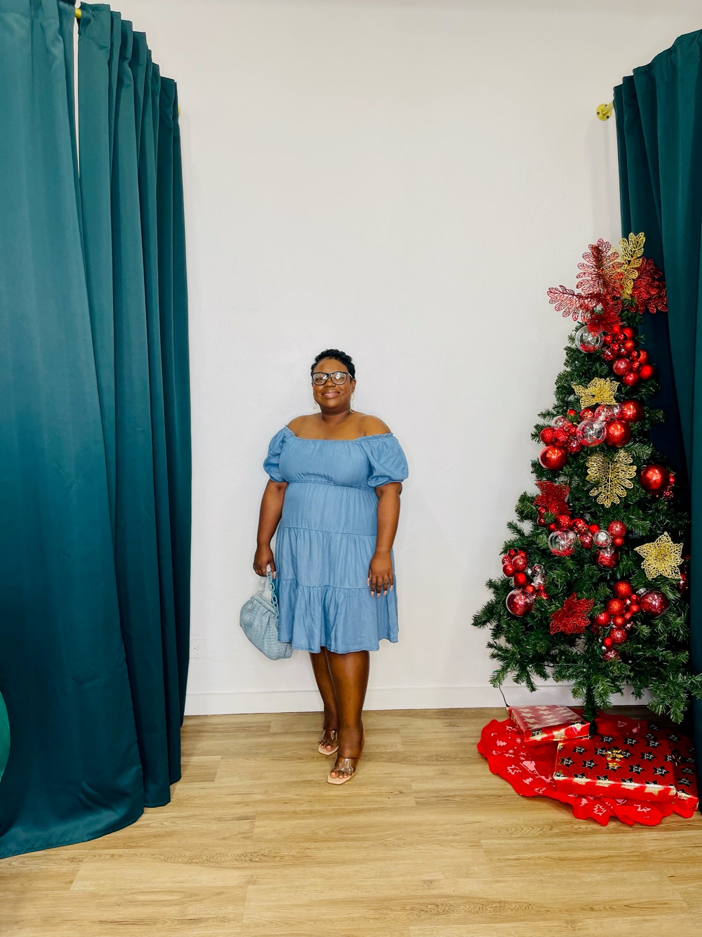 Perch Off Shoulder Tiered Denim Dress