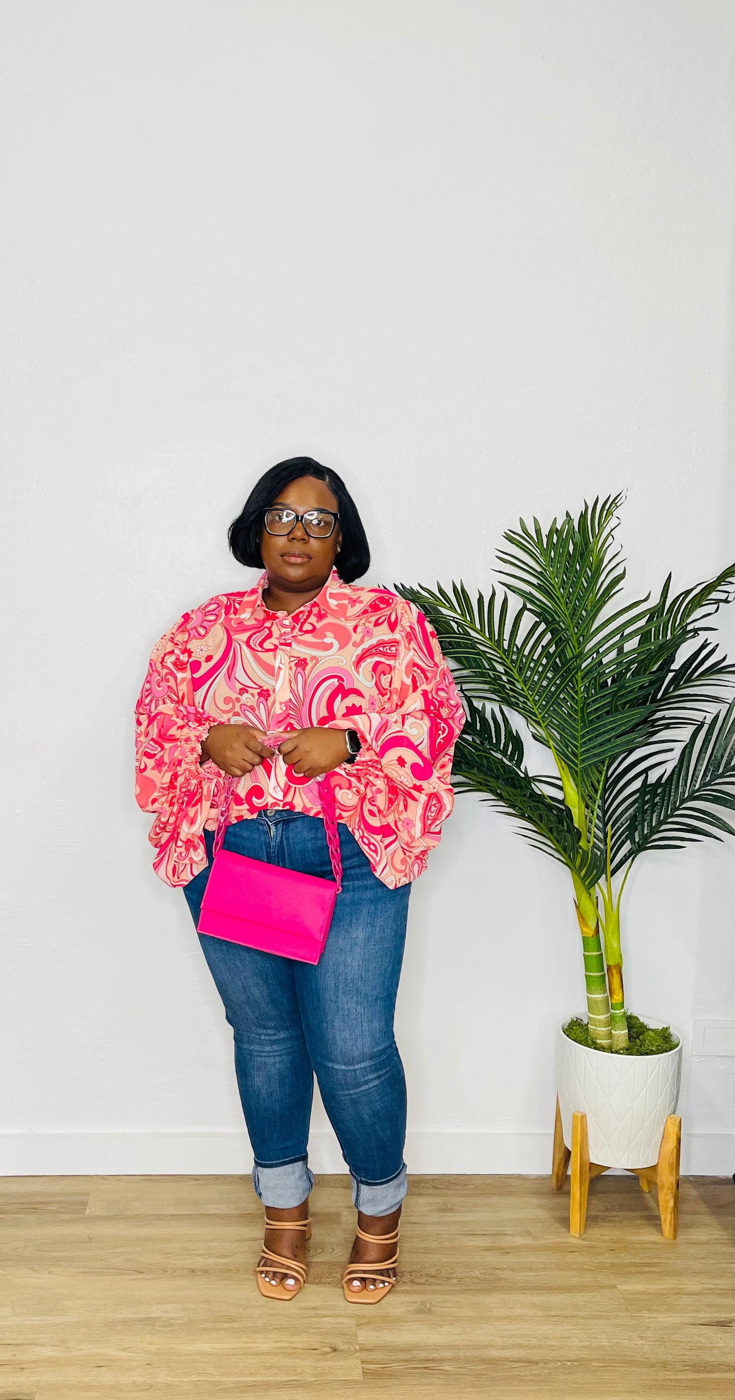 FT Plus LS Blouse Pink Print