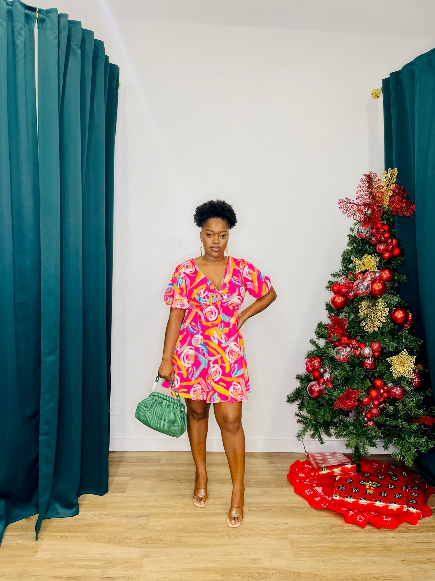 FT Pink Multi SS Print Dress