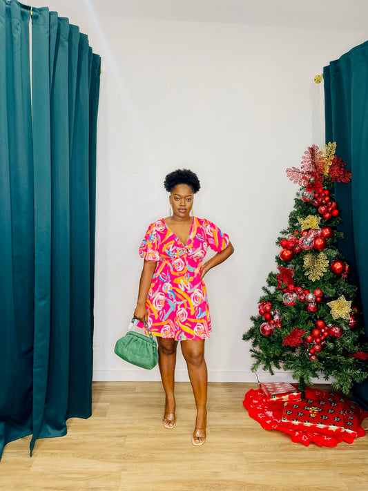 FT Pink Multi SS Print Dress