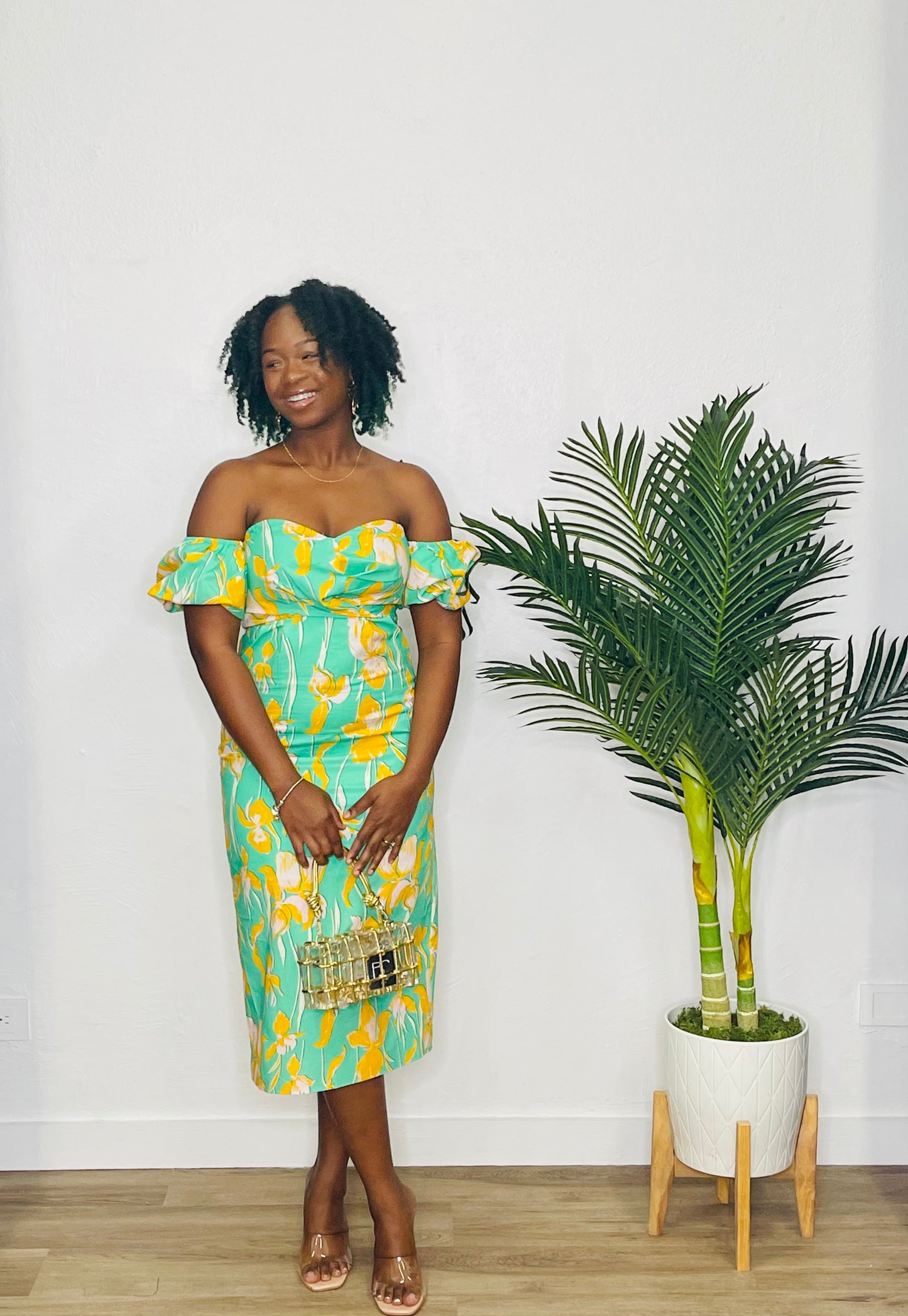 Lena Off Shoulder Midi Dress-Green Print