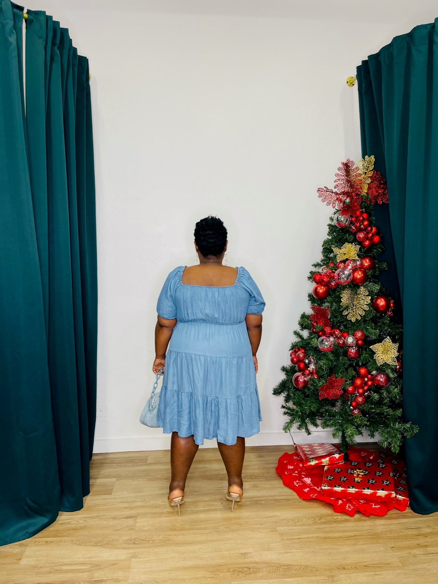 Perch Off Shoulder Tiered Denim Dress