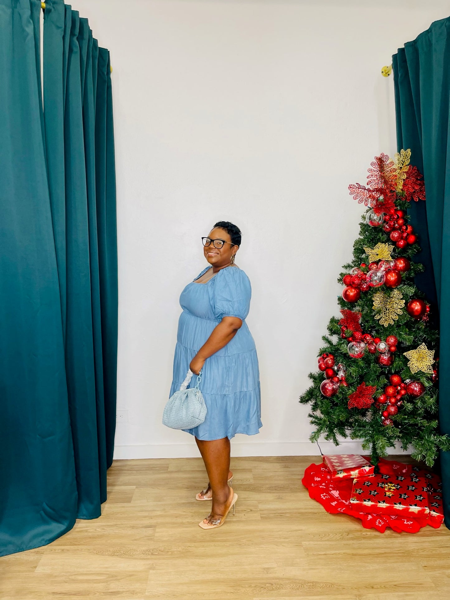 Perch Off Shoulder Tiered Denim Dress