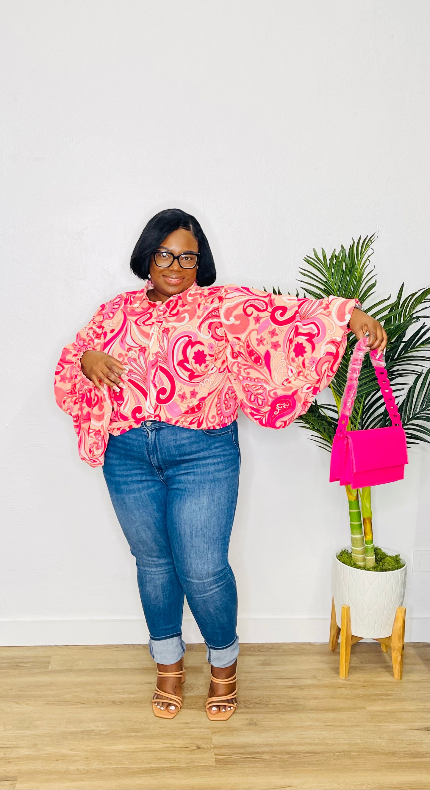 FT Plus LS Blouse Pink Print
