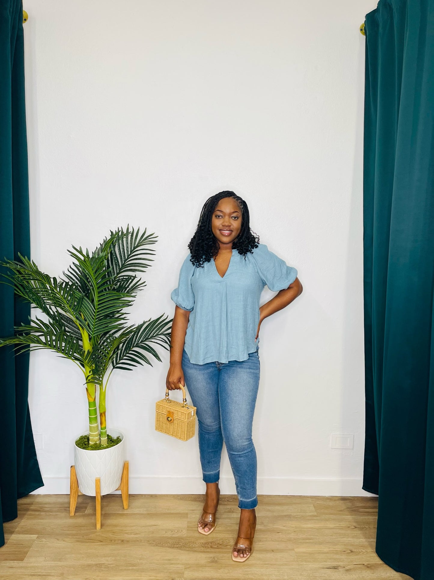 BP/Perch Puff Sleeve Split Neck Blouse