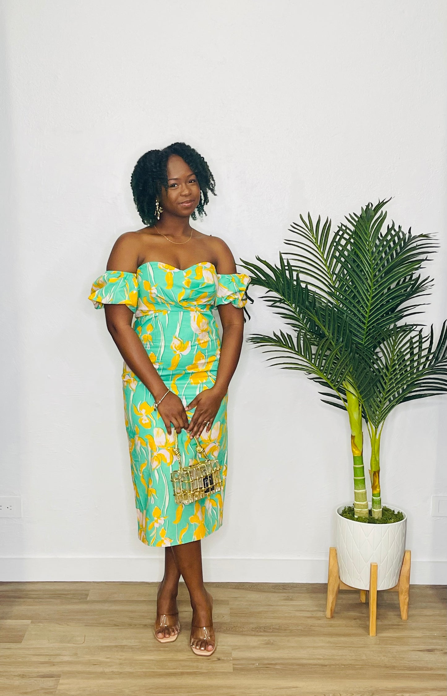 Lena Off Shoulder Midi Dress-Green Print