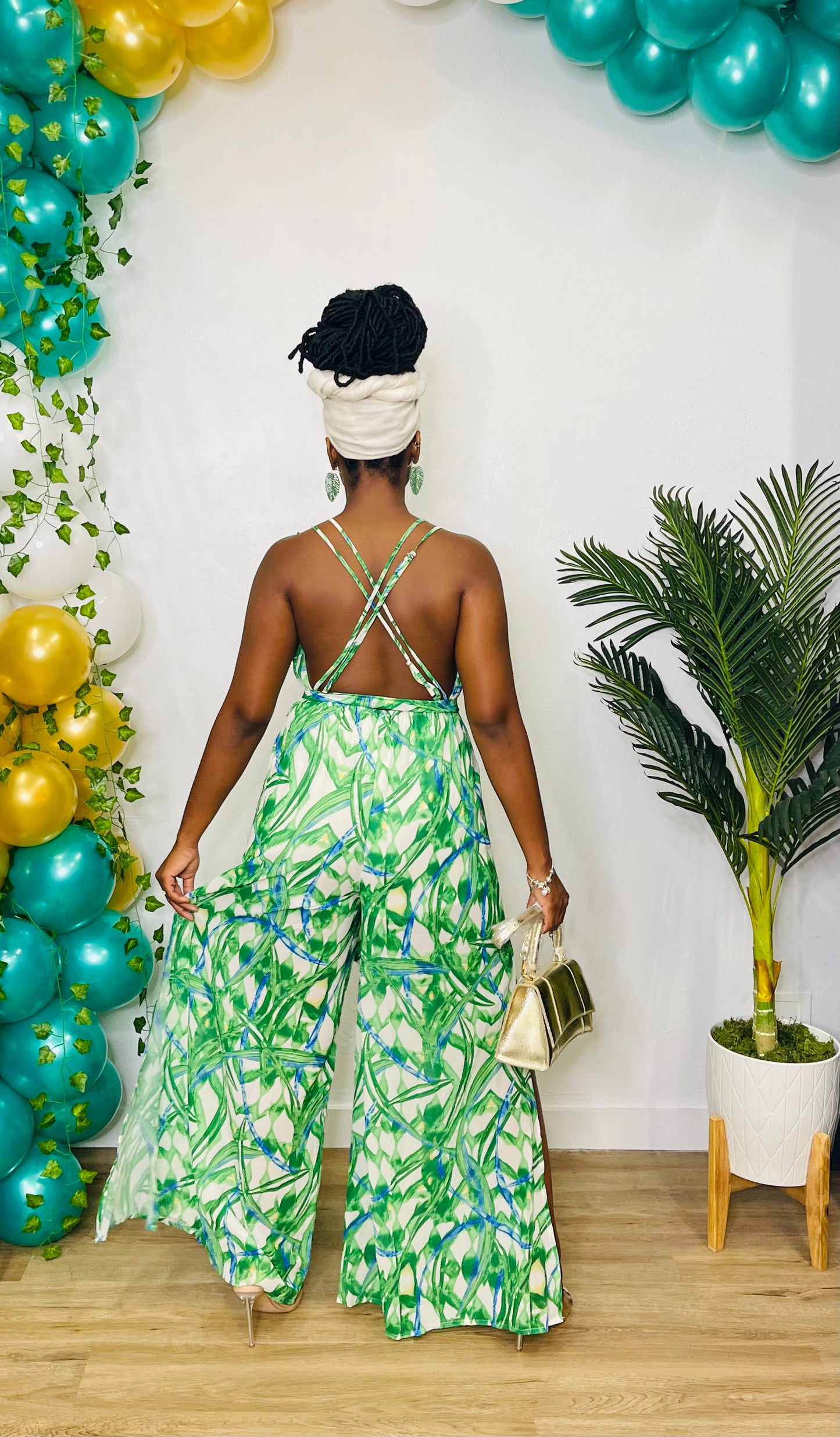 FT Cross Back Green Print Jumpsuit