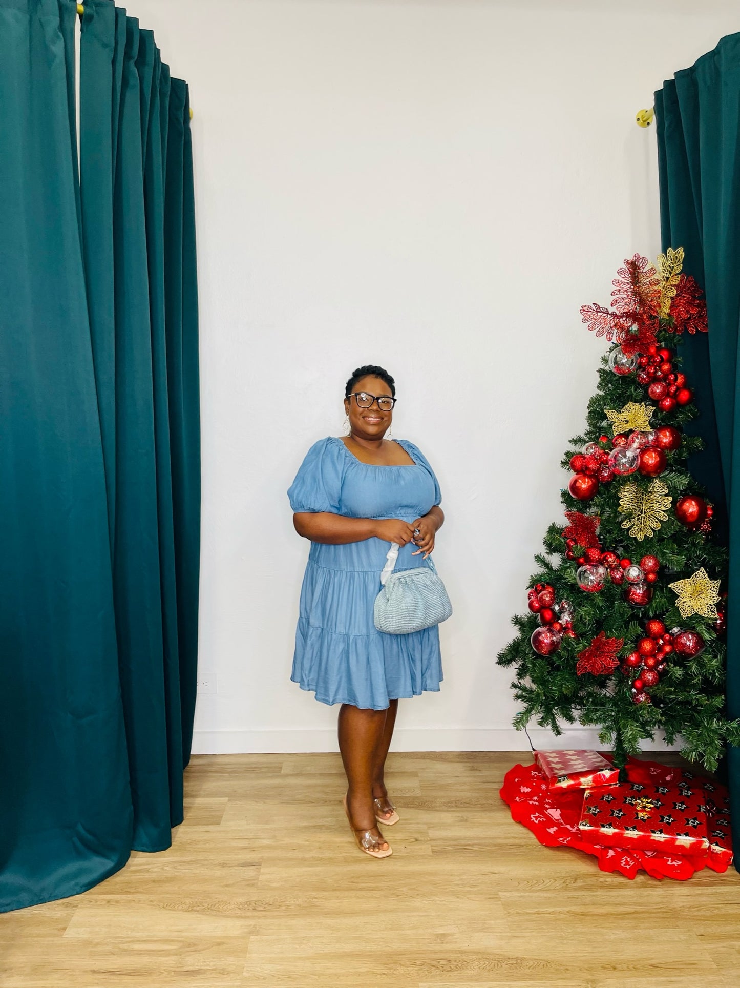 Perch Off Shoulder Tiered Denim Dress