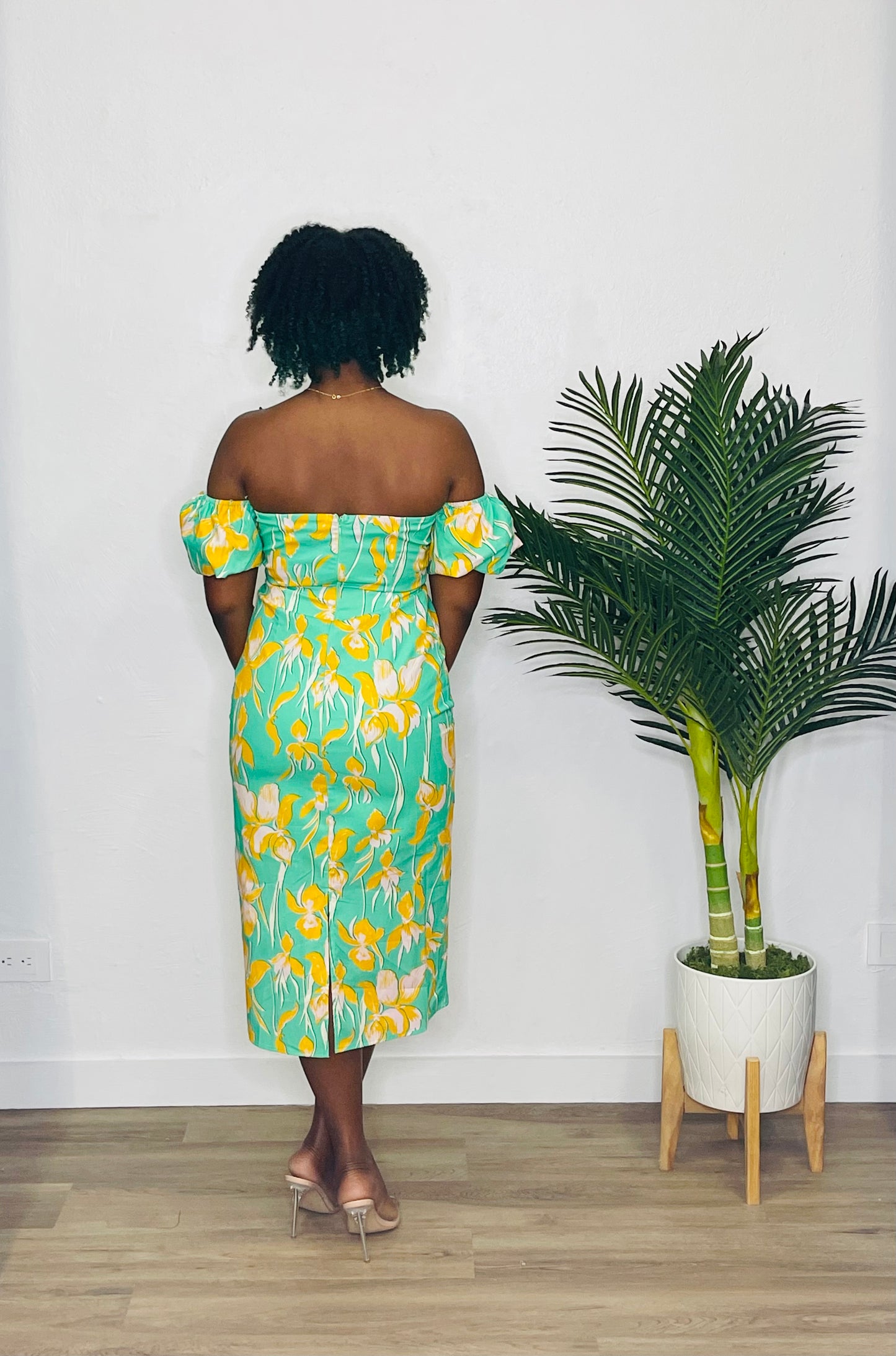 Lena Off Shoulder Midi Dress-Green Print
