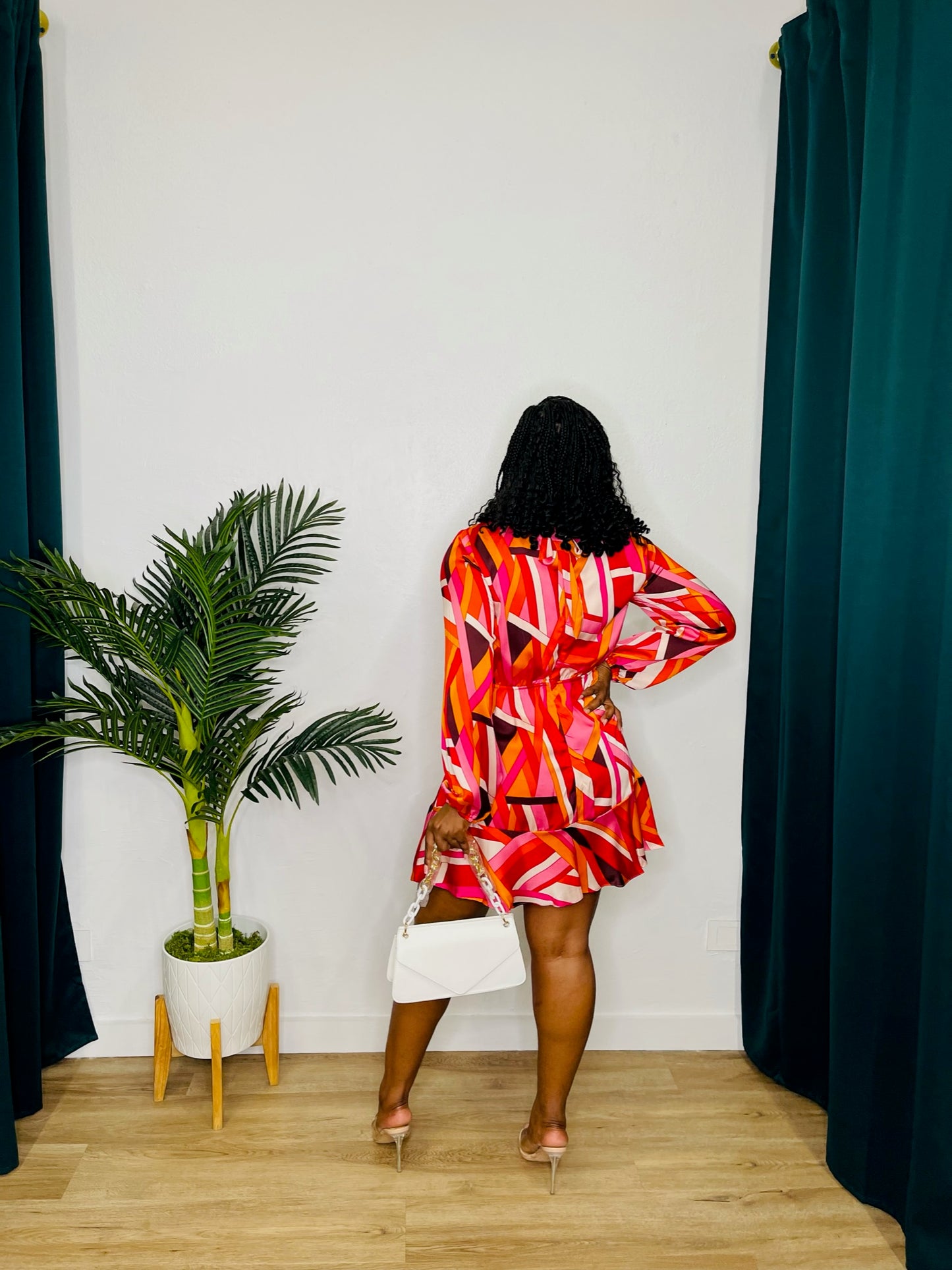 Fate High Neck LS Ruffle Hem Geo Dress