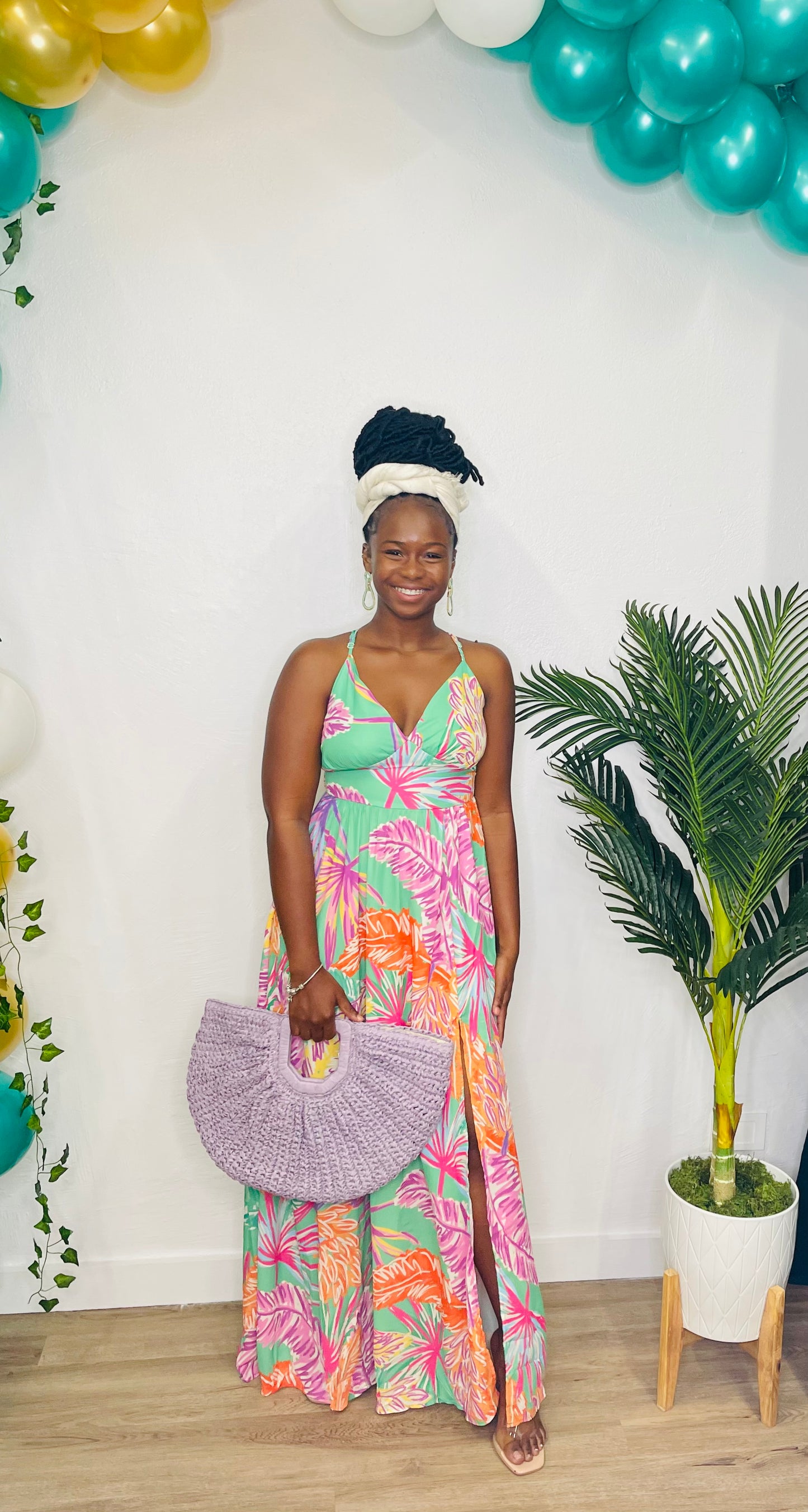 FT Leaf Print Split Maxi Dress