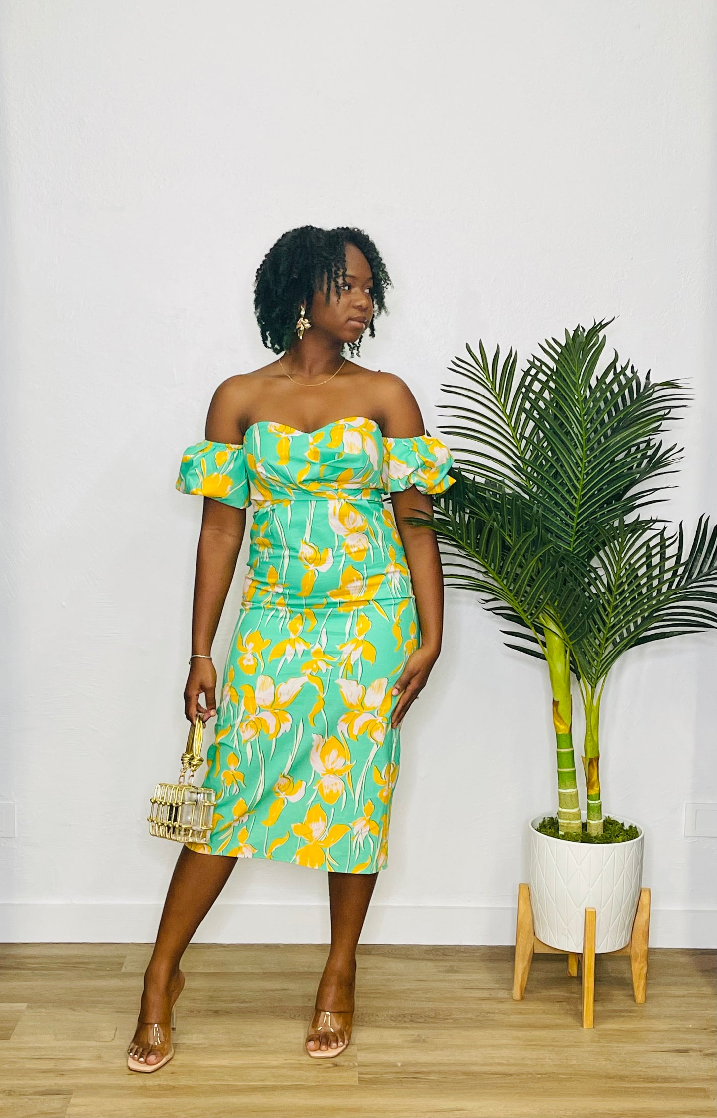 Lena Off Shoulder Midi Dress-Green Print
