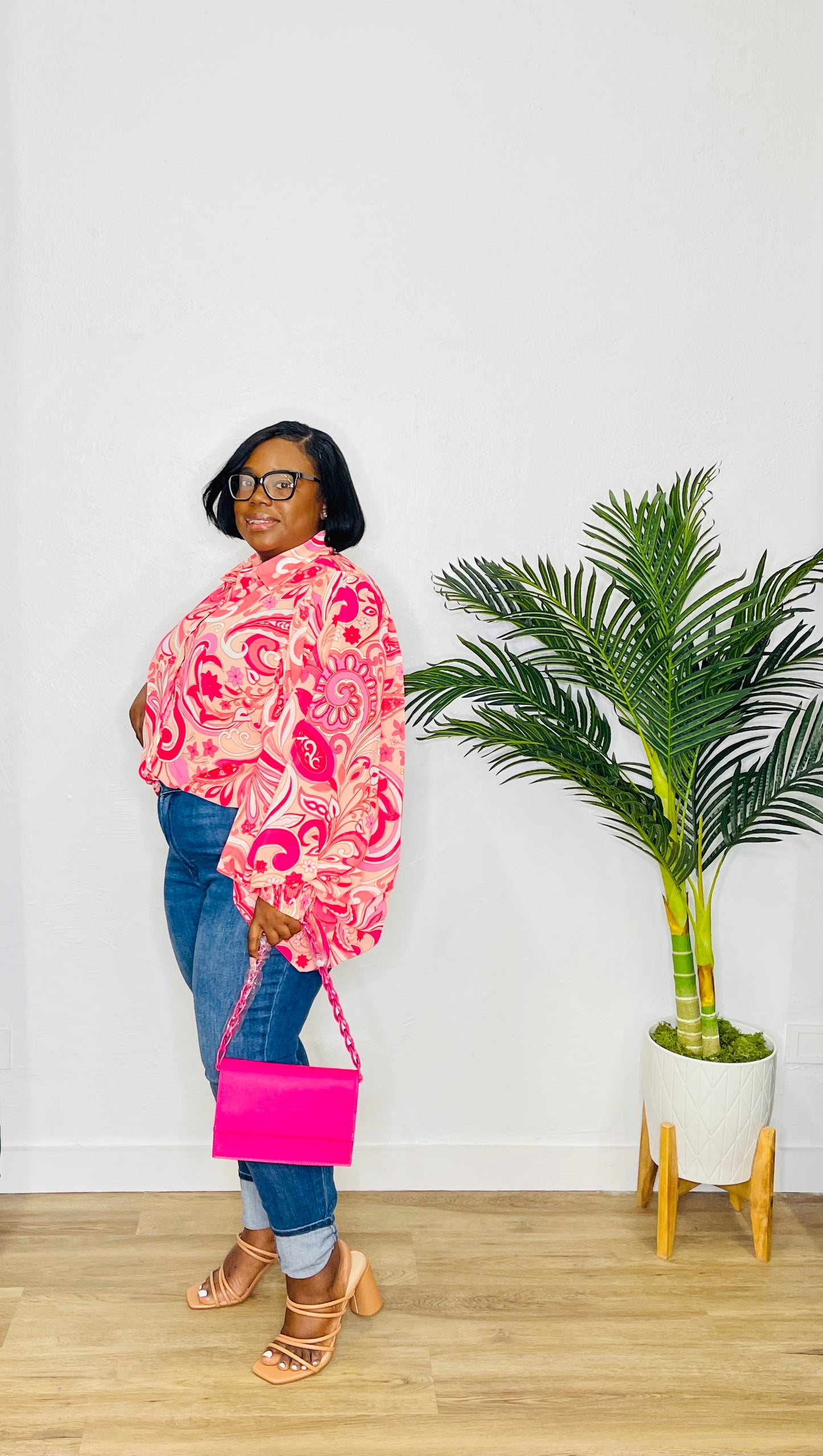 FT Plus LS Blouse Pink Print