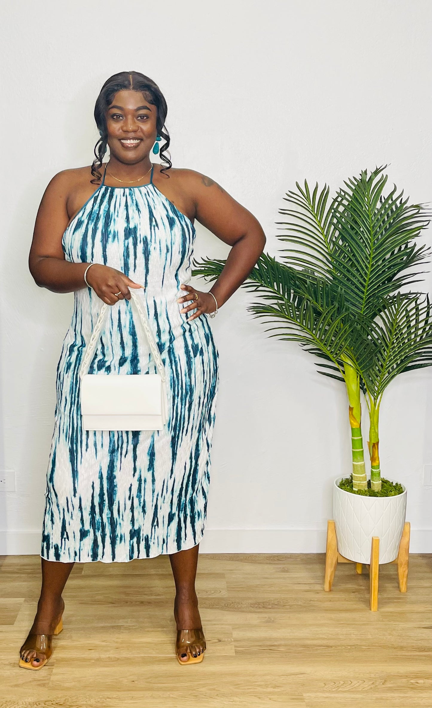 Azura Teal Print Crisscross Back Midi Dress