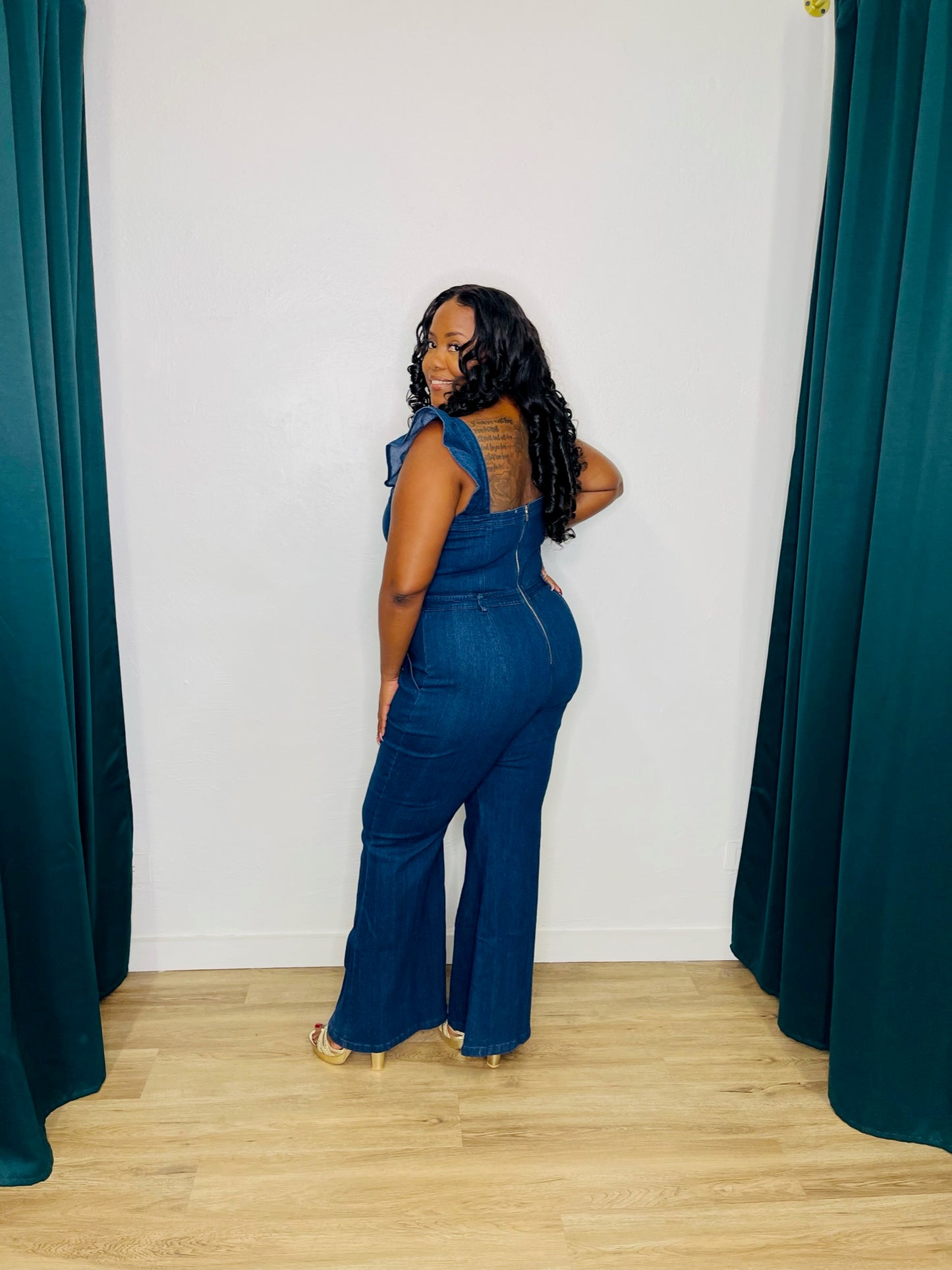 JJ Plus Denim Flare Jumpsuit