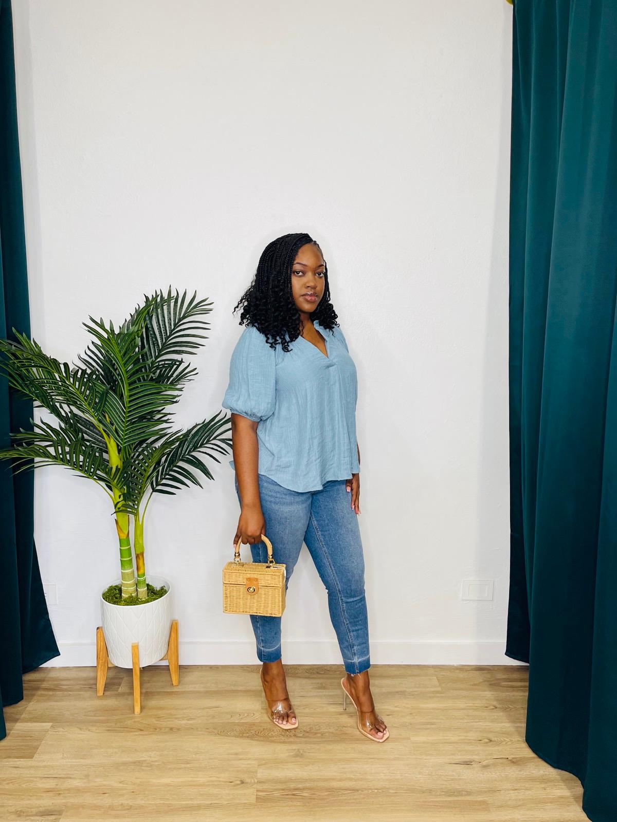 BP/Perch Puff Sleeve Split Neck Blouse