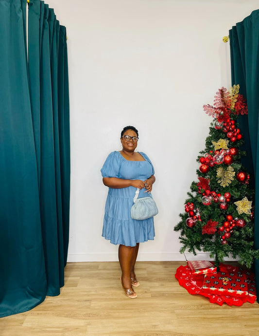 Perch Off Shoulder Tiered Denim Dress