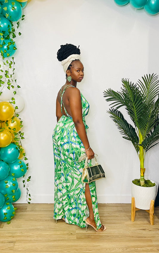 FT Cross Back Green Print Jumpsuit