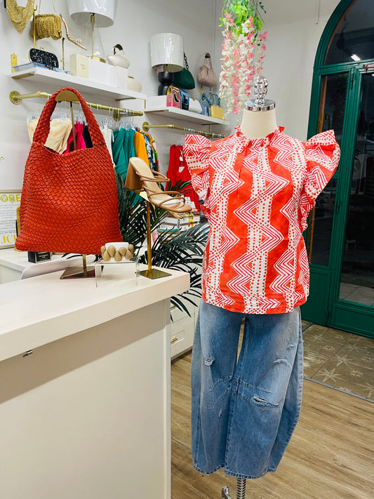 Pinch Printed Ruffle Blouse