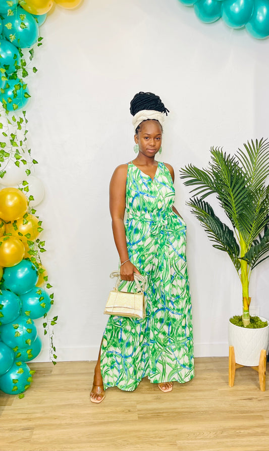 FT Cross Back Green Print Jumpsuit