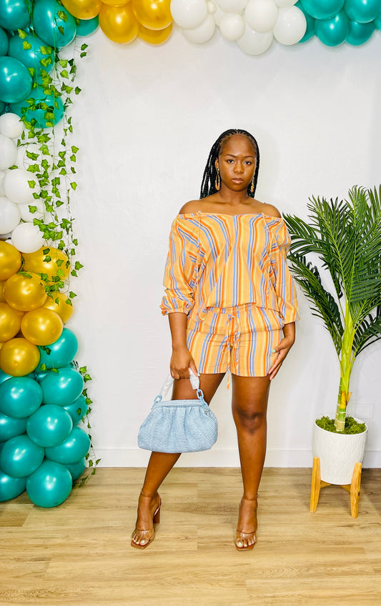 CA Tan Striped Shorts Set