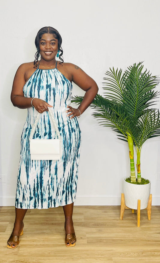 Azura Teal Print Crisscross Back Midi Dress