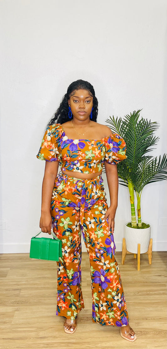 CA Pants Set Brown Floral
