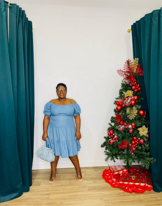 Perch Off Shoulder Tiered Denim Dress
